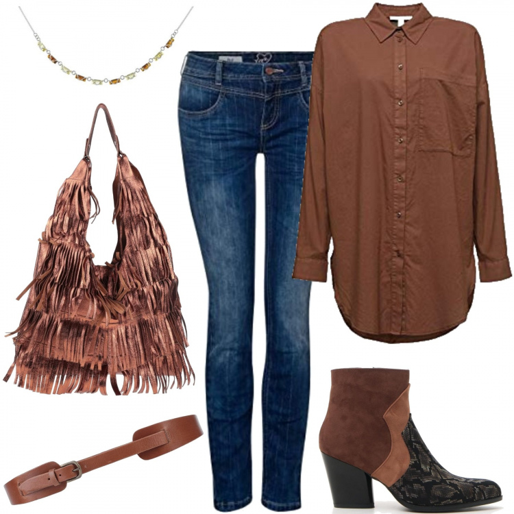 Outfit donna - L\'hobo bag con le frange. Stile Basic per Tutti i giorni. Abbinamento con borse a spalla, cinture, stivaletti texani, jeans slim fit, camicie, collane.