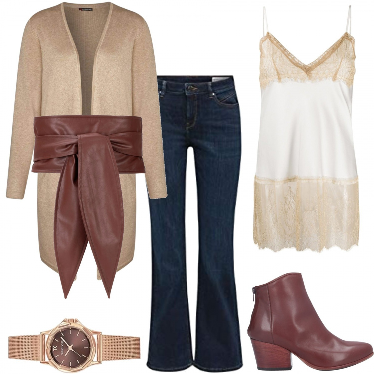 Outfit donna - Autumn style. Stile Trendy per Tutti i giorni. Abbinamento con cinture, stivaletti, cardigans, top, jeans bootcut, orologi.
