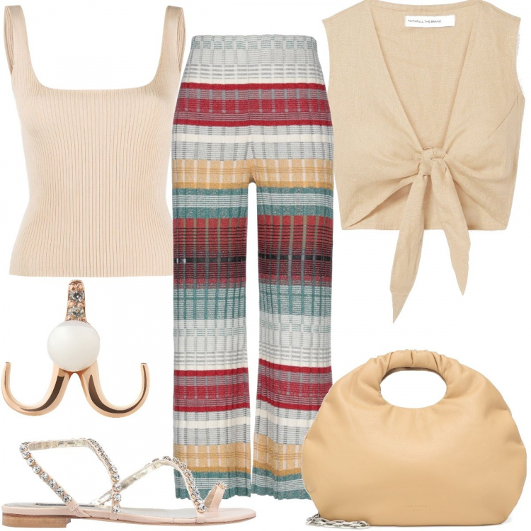 Outfit donna - Borsa a spalla. Stile Trendy per Tutti i giorni. Abbinamento con pantaloni, orecchini, infradito, top, canottiere, borse a tracolla.