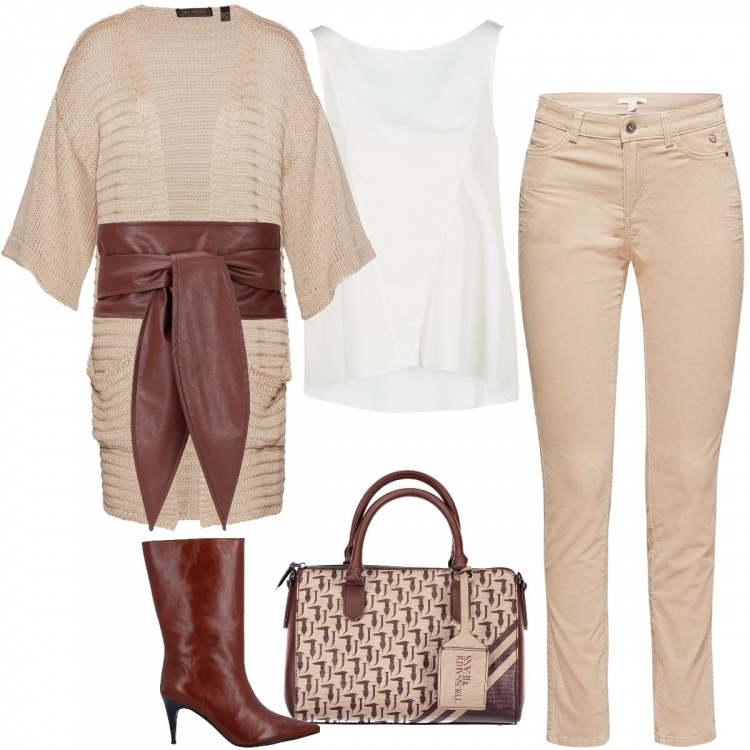 Outfit donna - La maxi cintura da annodare sul cardigan. Stile Trendy per Tutti i giorni. Abbinamento con cardigans, stivaletti, cinture, borse a mano, top, pantaloni.