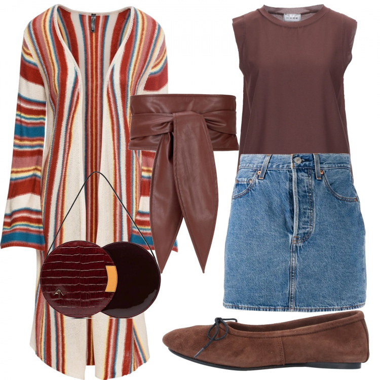 Outfit donna - Cintura alta & Cardigan aperto. Stile Trendy per Tutti i giorni. Abbinamento con cardigans, top, cinture, ballerine, gonne, borse a spalla.