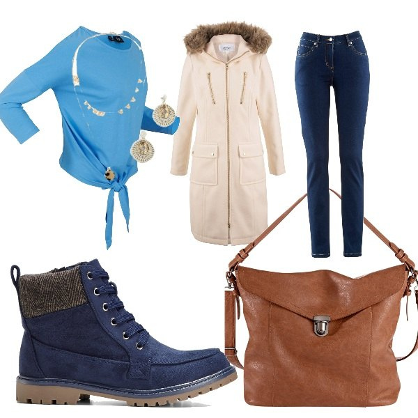 Outfit donna - Giornata all\'università. Stile Urban per Tutti i giorni. Abbinamento con jeans dritti, bermuda, portafogli, stivaletti, t-shirt, orecchini.