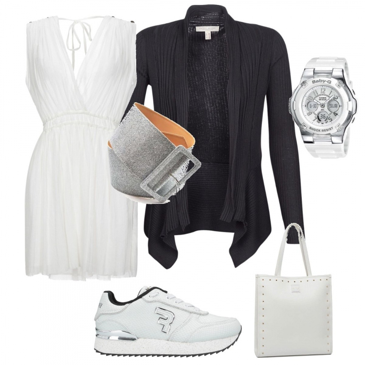 Outfit mujer - Mission cárdigan&cinturon ancho. Estilo Trendy para Todos los días. Combinación con reloj, cárdigans, bolso shopper, cinturones, sneakers, vestidos cortos.