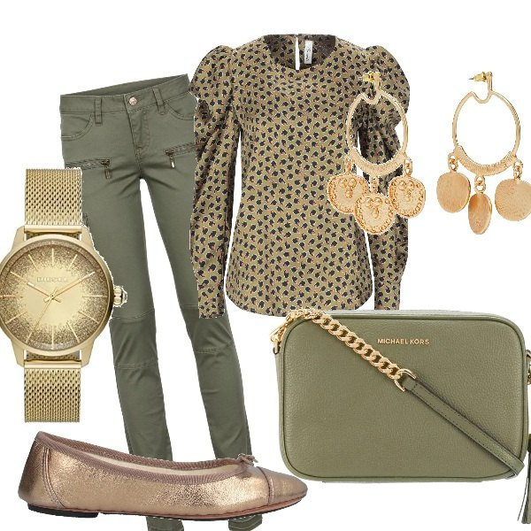 Outfit donna - Trendy #60510. Stile Trendy per Serata fuori. Abbinamento con pantaloni cargo, bluse, ballerine, orecchini, borse a tracolla, orologi analogici.