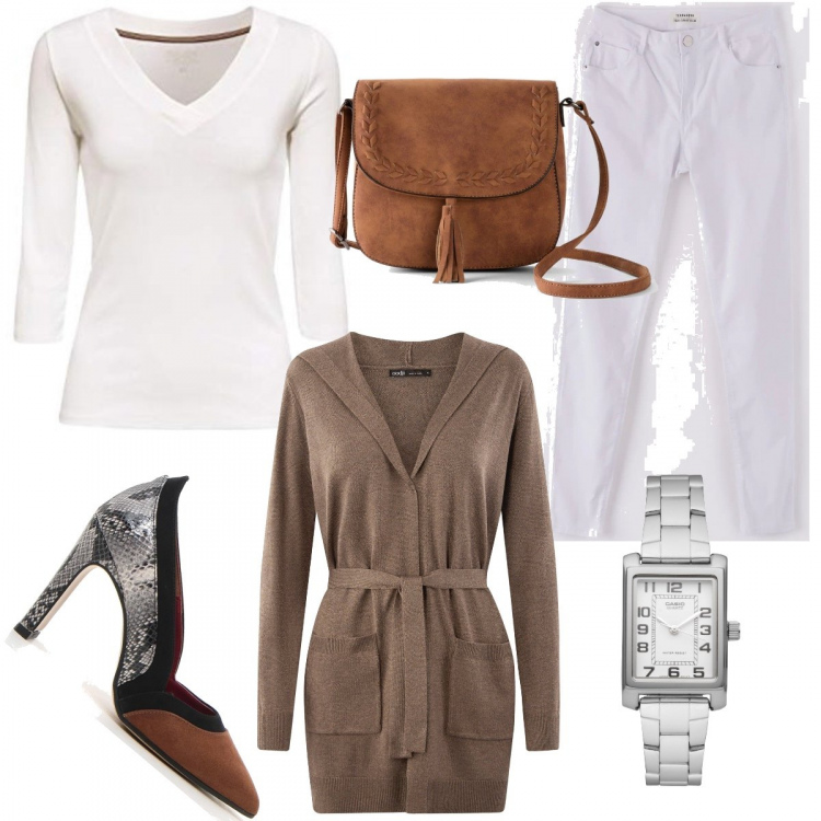 Outfit donna - Chic #32550. Stile Chic per Tutti i giorni. Abbinamento con borse a tracolla, orologi, pantaloni skinny, cardigans, pullovers, décolleté.