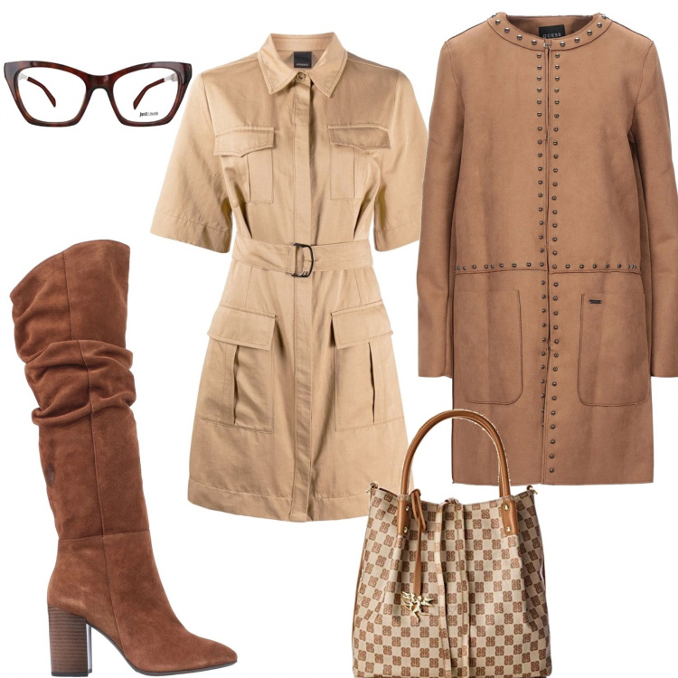 Outfit donna - Sfumature autunnali. Stile Trendy per Ufficio. Abbinamento con cappotti, stivali, vestiti, borse a spalla, occhiali da sole.