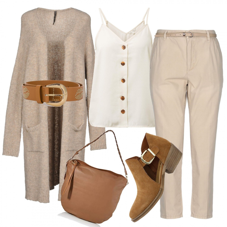 Outfit mujer - Basic #35394. Estilo Basic para Todos los días. Combinación con camisetas sin mangas, bolso shopper, botines, cinturones, jerséis, pantalones.