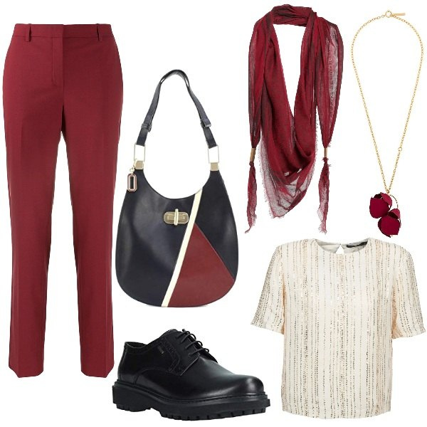 Outfit donna - Hobo a blocchi di colore. Stile Basic per Scuola/Università. Abbinamento con scialli, camicie, pantaloni, ciondoli, borse a spalla, scarpe stringate.