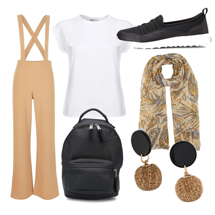 Outfit donna - A spasso con i cani. Stile Trendy per Tutti i giorni. Abbinamento con sneakers, orecchini, pantaloni a palazzo, zaini, t-shirt, sciarpe.