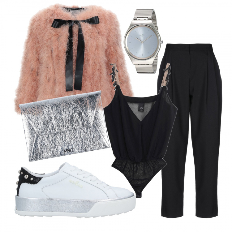 Outfit donna - Nulla al caso. Stile Trendy per Tutti i giorni. Abbinamento con cappotti, sneakers, pantaloni, top, pochette, orologi analogici.