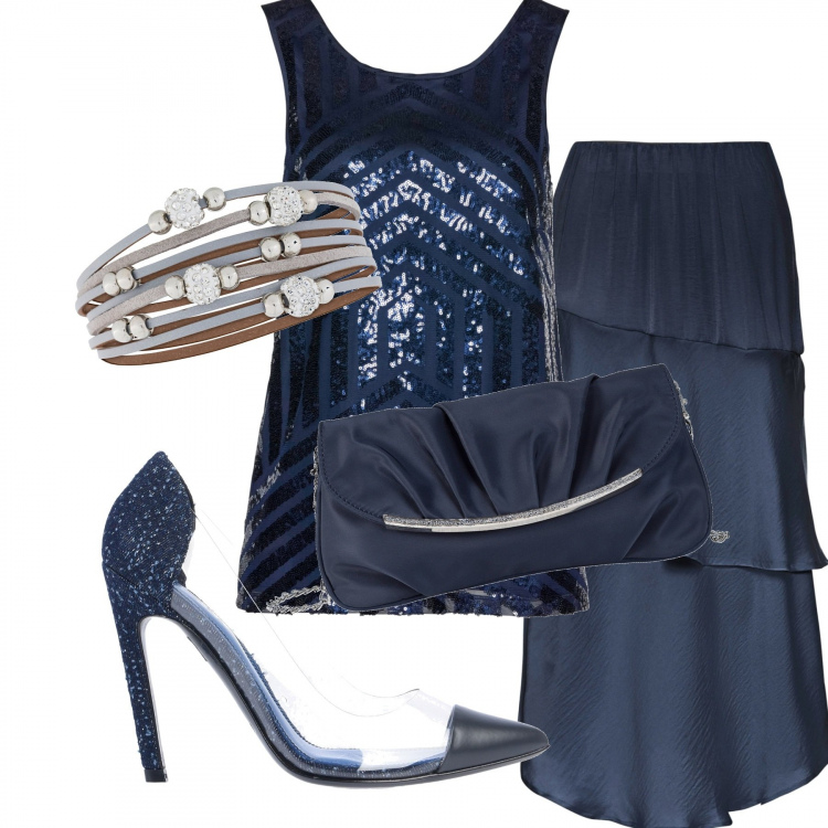 Outfit donna - Blue eyes. Stile Chic per Cerimonia. Abbinamento con décolleté, gonne longuette, bluse, maglieria, pochette.