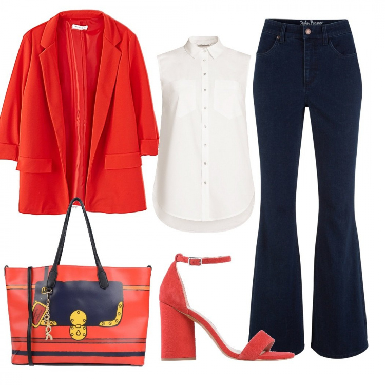 Outfit donna - In riunione con jeans. Stile Basic per Ufficio. Abbinamento con jeans a zampa, sandali col tacco, borse a mano, blazer, top.