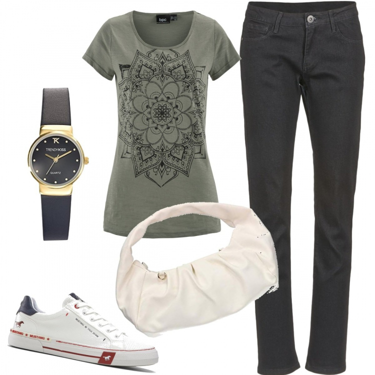 Outfit donna - Hobo bag. Stile Basic per Tutti i giorni. Abbinamento con t-shirt, sneakers, jeans, borse a tracolla, orologi.