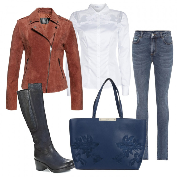 Outfit donna - Trendy #60779. Stile Trendy per Tutti i giorni. Abbinamento con top, borse a mano, camicie, stivali, jeans skinny.