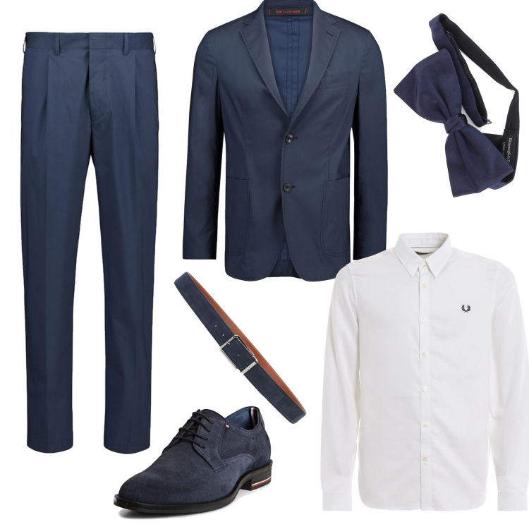 Outfit uomo - Sposarsi a settembre. Stile Business/Elegante per Cerimonia. Abbinamento con cinture, scarpe stringate, giacche, camicie, pantaloni, papillon.