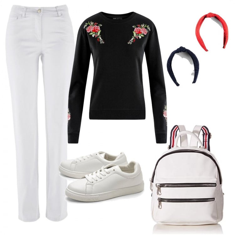 Outfit donna - La felpa romantica. Stile Basic per Scuola/Università. Abbinamento con pantaloni, cerchietti, sneakers, felpe, zaini.