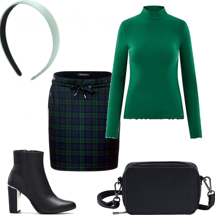 Outfit donna - Gonna scozzese. Stile Trendy per Tutti i giorni. Abbinamento con borse a tracolla, stivaletti, gonne, maglioni, cerchietti.