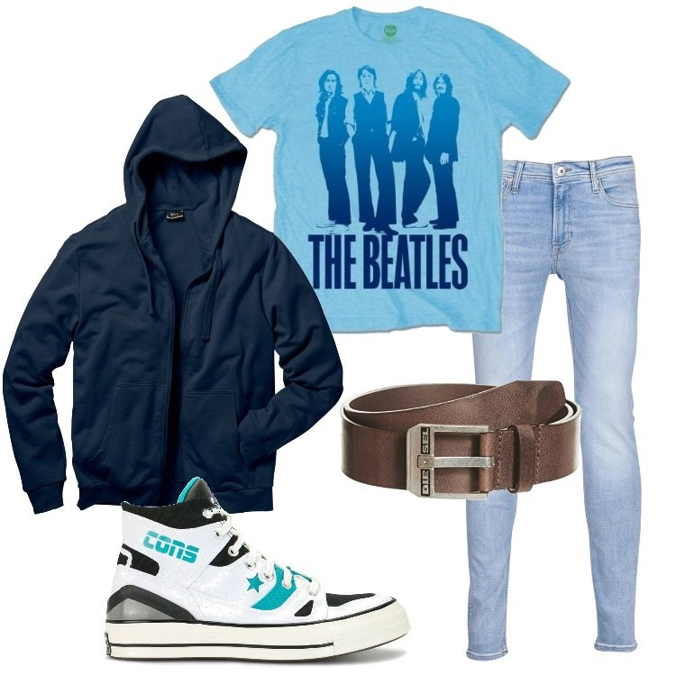 Outfit uomo - Jeans e felpa con il cappuccio. Stile Casual per Tutti i giorni. Abbinamento con felpe con cappuccio, jeans, sneakers alte, camicie a manica corta, cinture.