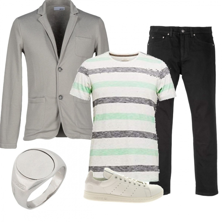 Outfit uomo - Aperitivo con gli amici. Stile Trendy per Tutti i giorni. Abbinamento con jeans slim fit, giacche, anelli, t-shirt, sneakers.