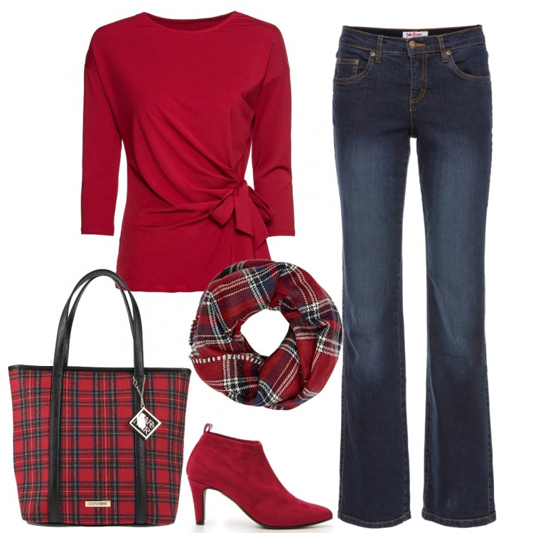Outfit donna - Inizia l’autunno in tartan. Stile Basic per Tutti i giorni. Abbinamento con jeans dritti, pullovers, borse a mano, stole, stivaletti.