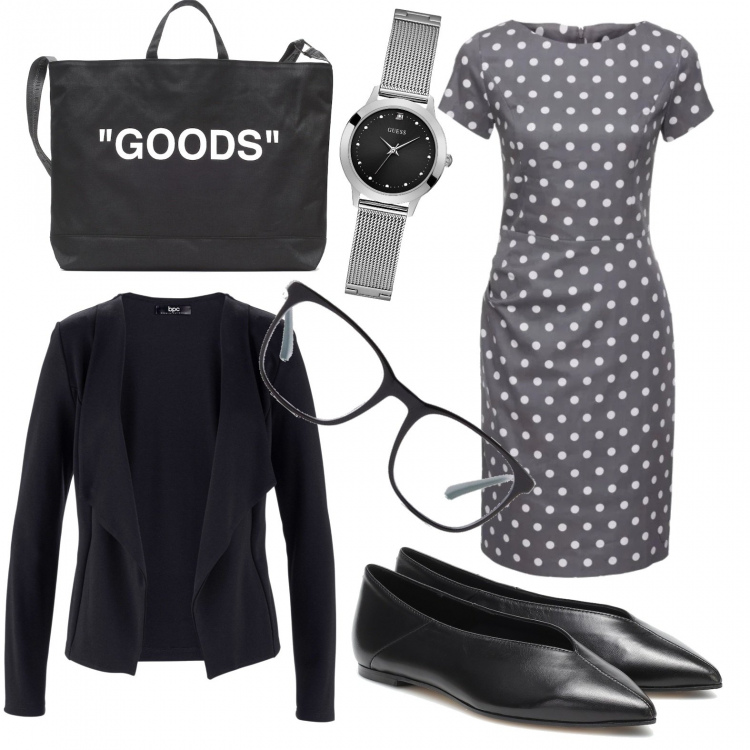 Outfit donna - Basic #35623. Stile Basic per Scuola/Università. Abbinamento con blazer, vestiti a tubino, orologi, ballerine, borse tote, occhiali.