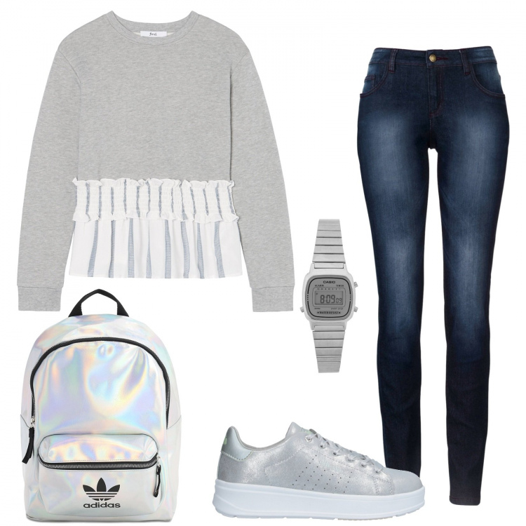 Outfit donna - Back ti Scholl in grande stile. Stile Trendy per Scuola/Università. Abbinamento con jeans skinny, sneakers, orologi, felpe, zaini.