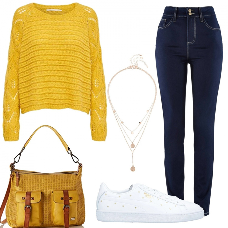 Outfit donna - Jeans e maglioncino. Stile Trendy per Scuola/Università. Abbinamento con jeans slim fit, ciondoli, sneakers, pullovers, borse a tracolla.
