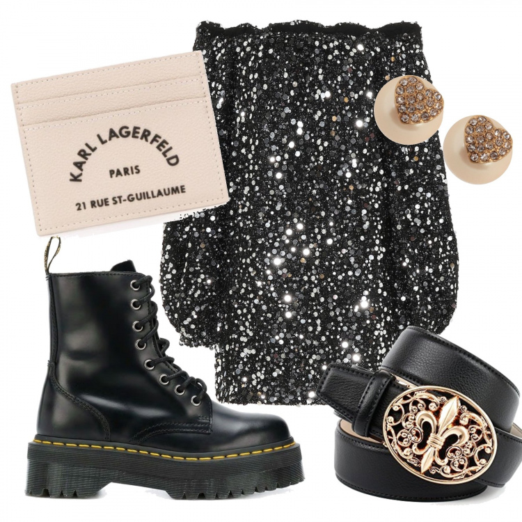 Outfit donna - Glam rock’n roll. Stile Rock per Serata fuori. Abbinamento con orecchini, anfibi, clutch, vestiti corti, cinture.