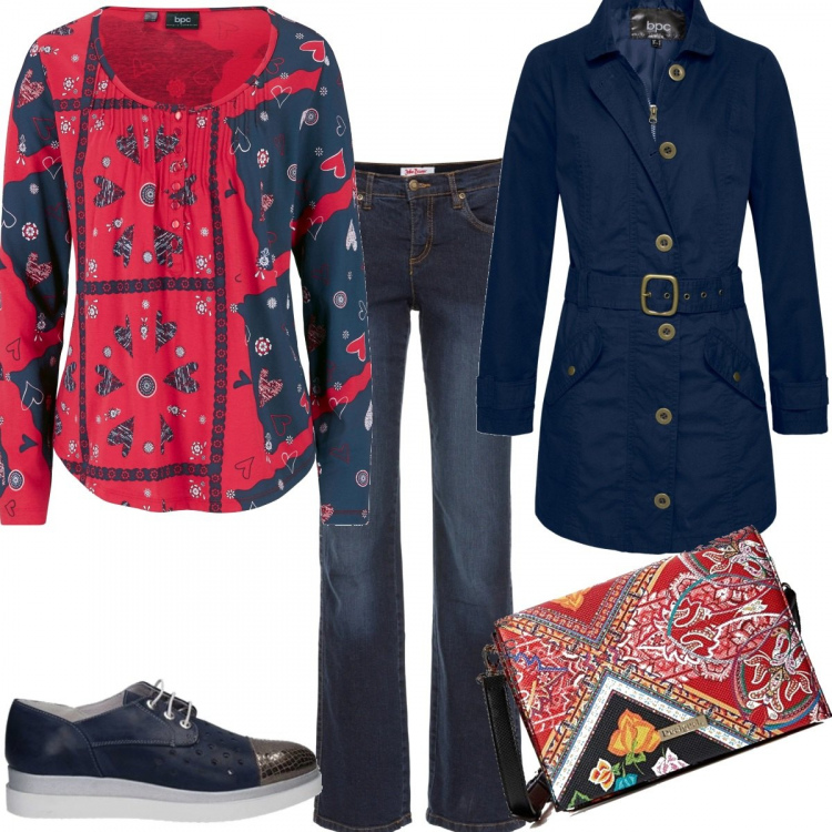 Outfit donna - Trandy style. Stile Trendy per Scuola/Università. look ideale per Tall. Abbinamento con jeans dritti, trench, maglieria, francesine, borse a tracolla.