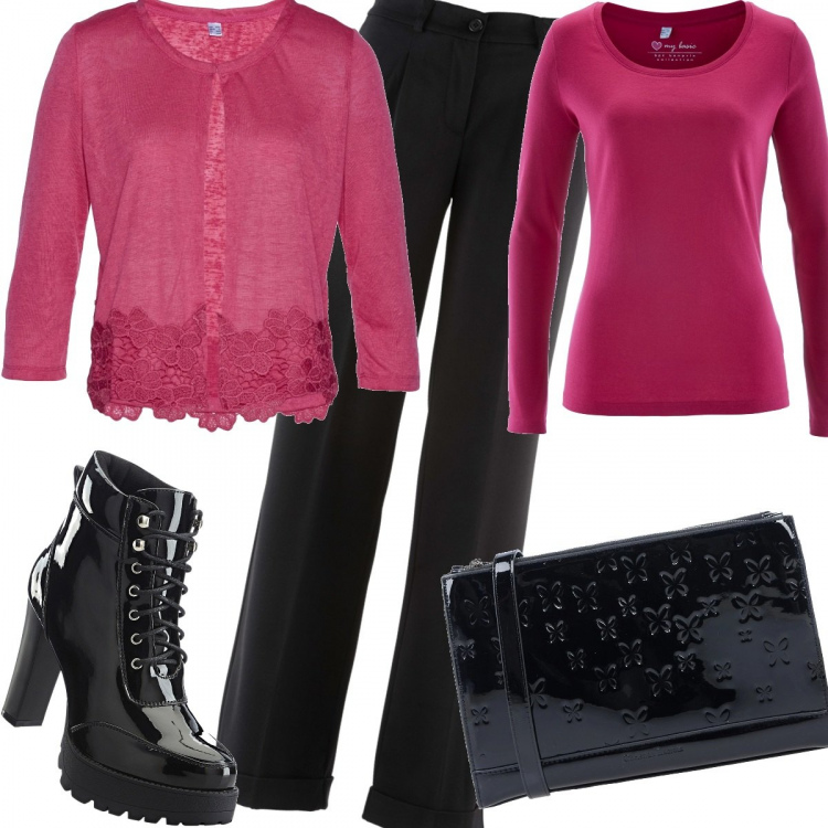 Outfit donna - Prof. Stile Bon Ton per Ufficio. look ideale per Petite. Abbinamento con pantaloni, maglieria, bolero, stivaletti, borse a spalla.