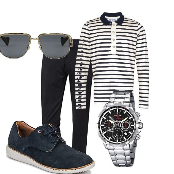 Outfit uomo - Casual #18941. Stile Casual per Tutti i giorni. Abbinamento con scarpe stringate, polo, pantaloni, braccialetti, occhiali da sole.