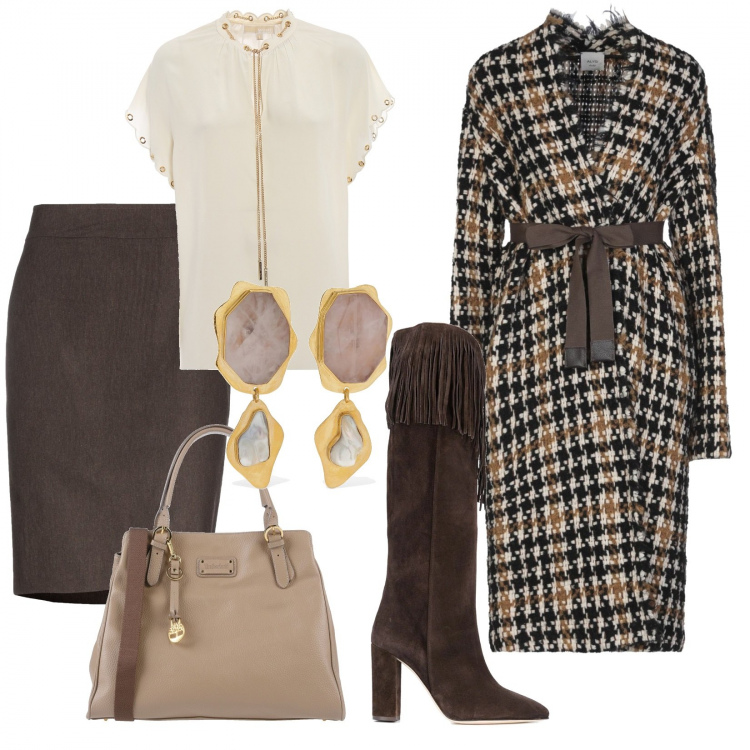 Outfit donna - Bon Ton #25704. Stile Bon Ton per Ufficio. Abbinamento con cappotti, gonne longuette, borse a mano, stivali sopra il ginocchio, bluse, orecchini.