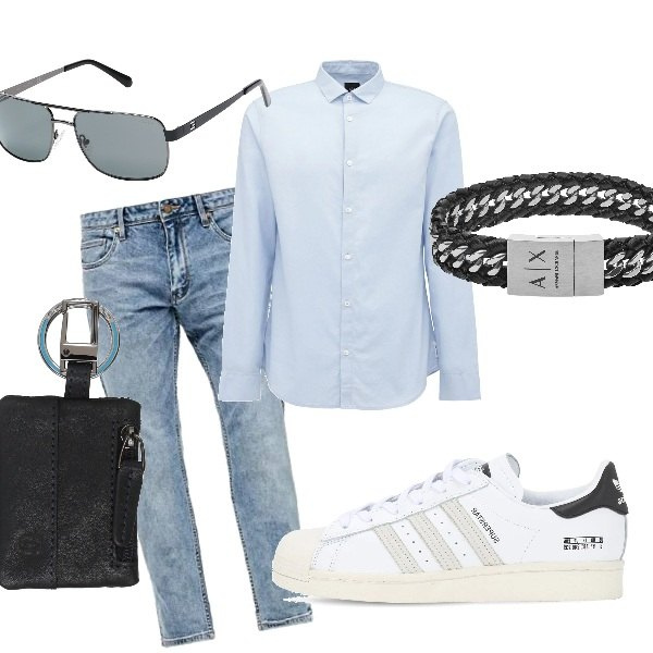 Outfit uomo - Casual #18970. Stile Casual per Tutti i giorni. Abbinamento con occhiali da sole, braccialetti, portachiavi, jeans dritti, camicie, sneakers.