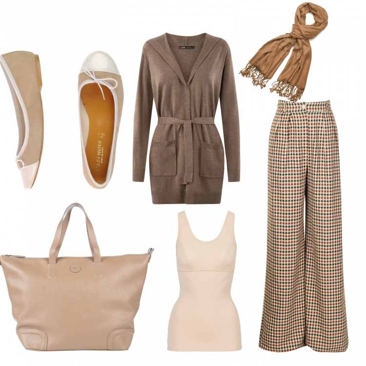 Outfit donna - Autunno a Parigi. Stile Bon Ton per Tutti i giorni. Abbinamento con top, ballerine, borse a mano, pantaloni a palazzo, cardigans, cappe.