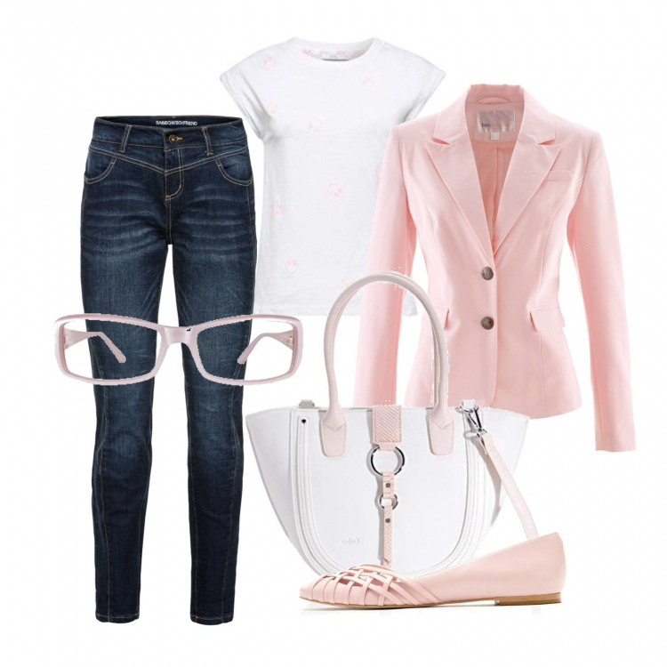 Outfit donna - Back to school!. Stile Trendy per Scuola/Università. Abbinamento con jeans boyfriend, blazer, ballerine, t-shirt, occhiali, borse a tracolla.