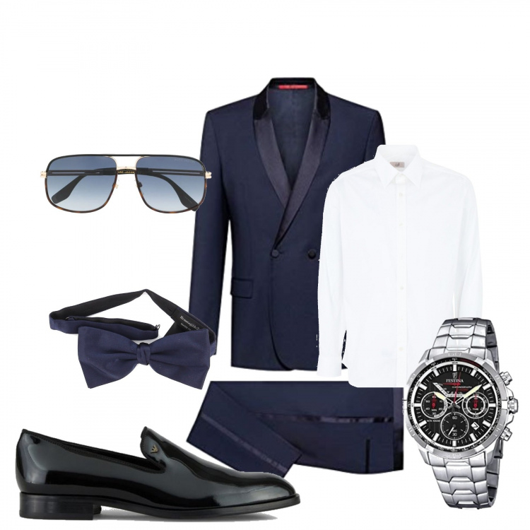 Outfit uomo - Business/Elegante #3001. Stile Business/Elegante per Serata speciale. Abbinamento con camicie, occhiali da sole, braccialetti, abiti, scarpe stringate, papillon.