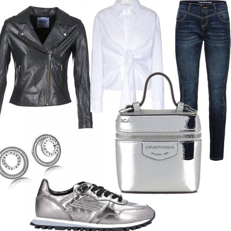 Outfit donna - Buon lunedì. Stile Trendy per Tutti i giorni. Abbinamento con jeans boyfriend, sneakers, camicie, blazer, borse a tracolla, orecchini.