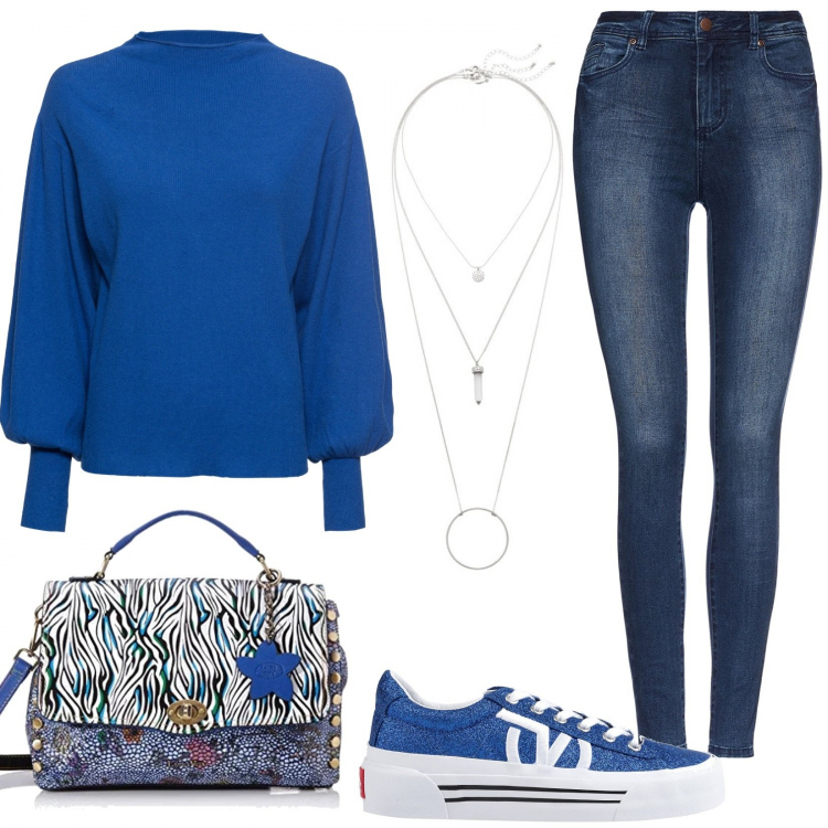 Outfit donna - Look giovanile e colorato. Stile Urban per Tutti i giorni. Abbinamento con maglieria, ciondoli, sneakers, borse a tracolla, jeans.