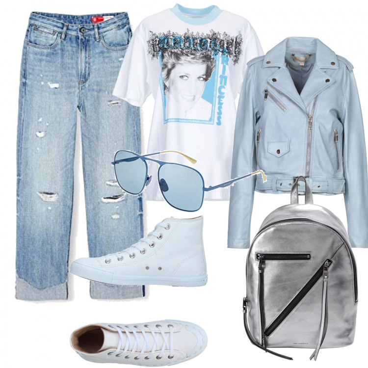 Outfit donna - Urban #22082. Stile Urban per Tutti i giorni. Abbinamento con cappotti, sneakers alte, zaini, t-shirt, jeans, occhiali da sole.