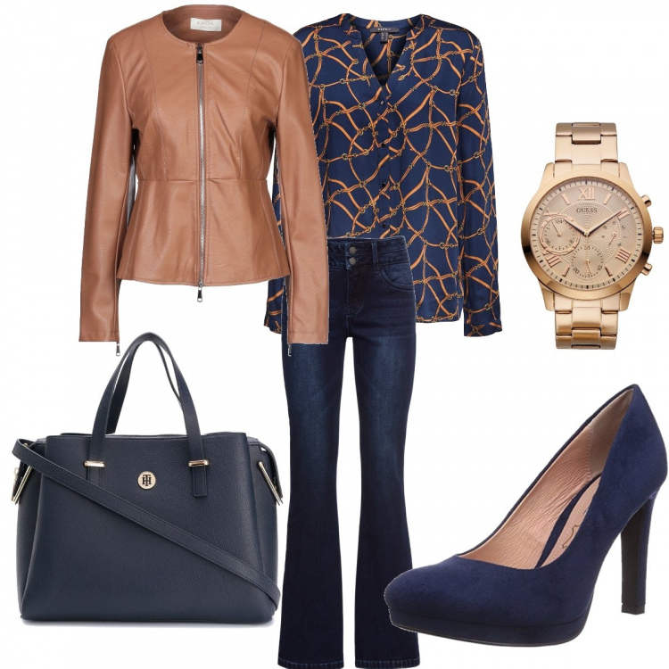Outfit donna - Buongiorno prof. Stile Trendy per Tutti i giorni. Abbinamento con jeans bootcut, cappotti, orologi, borse tote, bluse, décolleté.