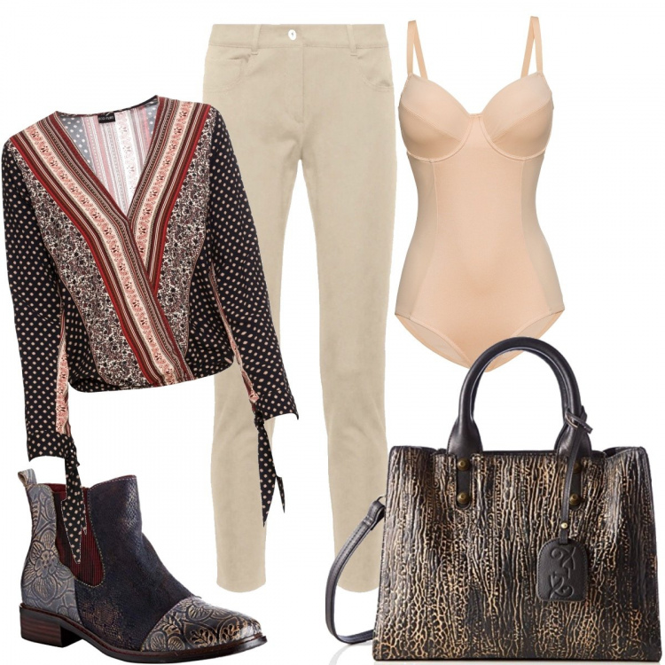 Outfit donna - Al lavoro in città. Stile Urban per Ufficio. Abbinamento con body, bluse, pantaloni chino, borse tote, stivaletti chelsea.