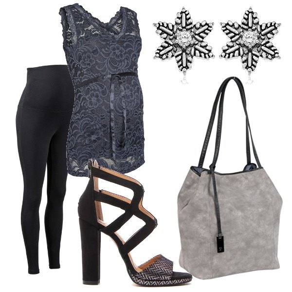 Outfit donna - Basic #3588. Stile Basic per Tutti i giorni. look ideale per Premaman. Abbinamento con leggings, orecchini in argento 925, shopping bag in denim grigio, sandali.