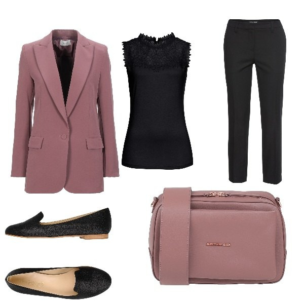 Outfit donna - Blazer malva. Stile Trendy per Ufficio. Abbinamento con pantaloni, top, blazer, borse a spalla, mocassini.