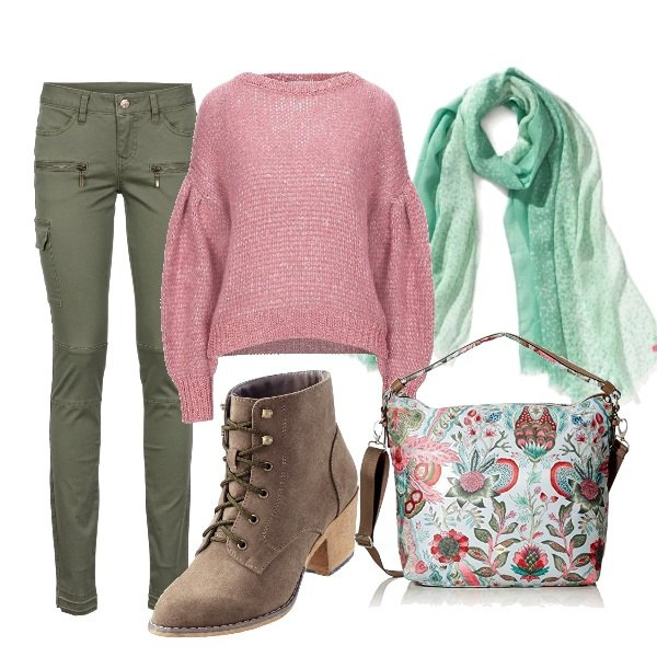 Outfit donna - Oh-boh. Stile Basic per Tutti i giorni. Abbinamento con pantaloni cargo, stivaletti, pullovers, borse a spalla, sciarpe.
