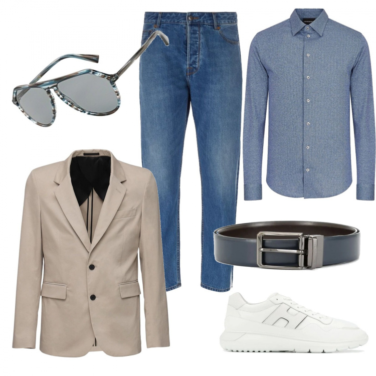 Outfit uomo - I primi giorni in ufficio. Stile Casual per Ufficio. Abbinamento con cinture, sneakers, giacche, occhiali da sole, camicie, jeans.