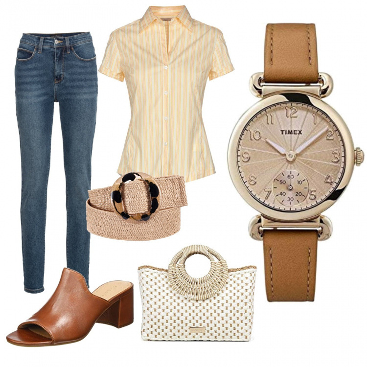 Outfit donna - Urban #22126. Stile Urban per Tutti i giorni. Abbinamento con jeans skinny, cinture, camicie a manica corta, sabot, borse a mano, orologi.