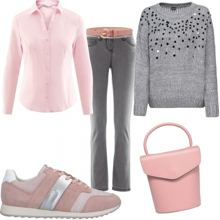 Outfit donna - Studentessa. Stile Basic per Scuola/Università. Abbinamento con jeans slim fit, maglioni, sneakers, borse a mano, cinture, camicie.
