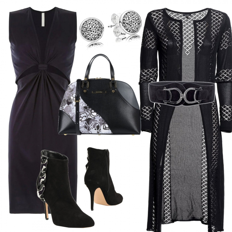 Outfit donna - Trendy #61491. Stile Trendy per Serata fuori. Abbinamento con cinture, stivaletti, borse a mano, cardigans, vestiti corti, orecchini.