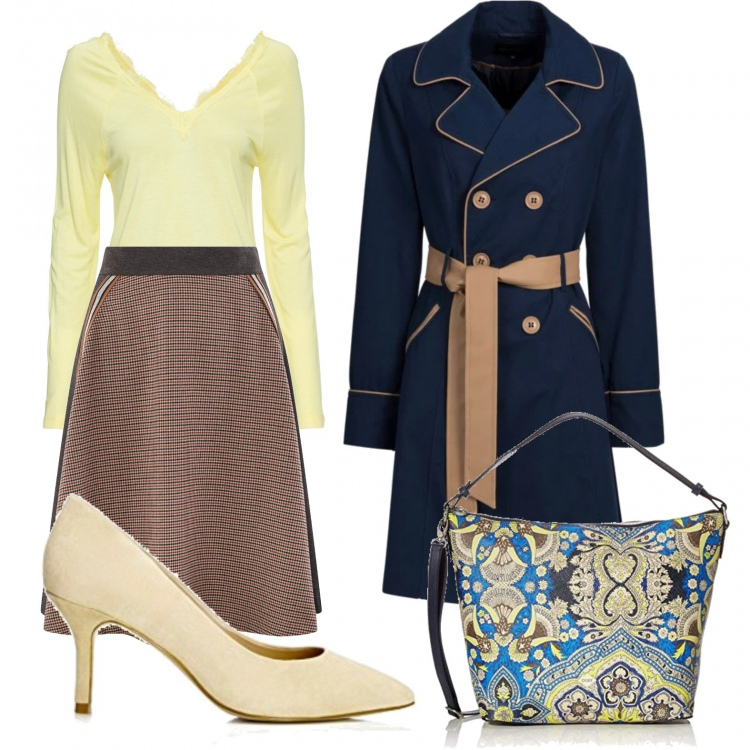 Outfit donna - Borsa a spalla fantasia. Stile Bon Ton per Ufficio. Abbinamento con trench, pullovers, gonne longuette, borse a spalla, décolleté.