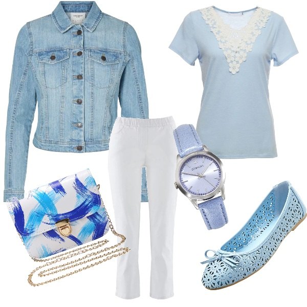 Outfit donna - Celeste ... sobrio ed elegante. Stile Basic per Tutti i giorni. Abbinamento con pantaloni, ballerine, orologio con fibbia in pelle sintetica, borsa a tracolla blu, t-shirt con pizzo fantasia floreale, giacca a maniche lunghe in denim con tasche blu.